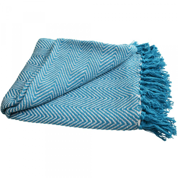 Turquoise Throw/Bedspread Soft Recycled Cotton Chevron Design 150x125cm