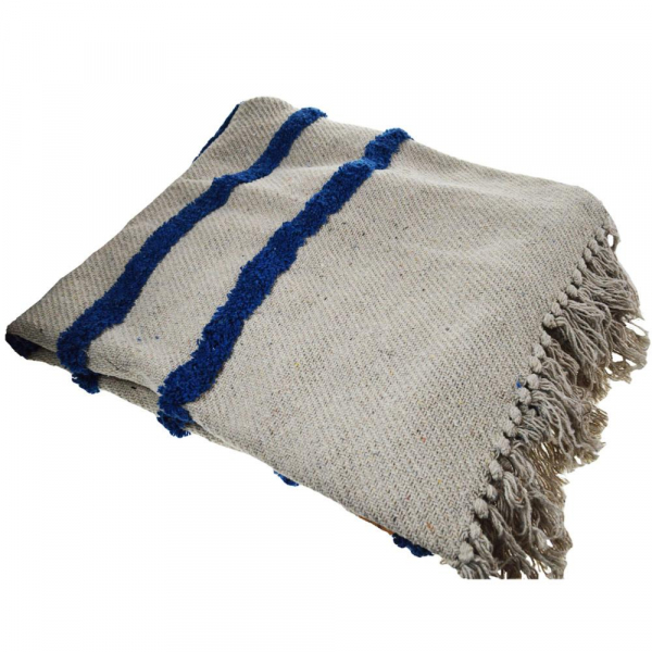 Blue Tufted Stripes Throw/bedspread, recycled cotton